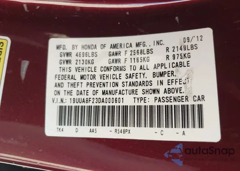 2013 Acura Tl 3.5 из США, поврежденный, VIN 19UUA8F23DA000601